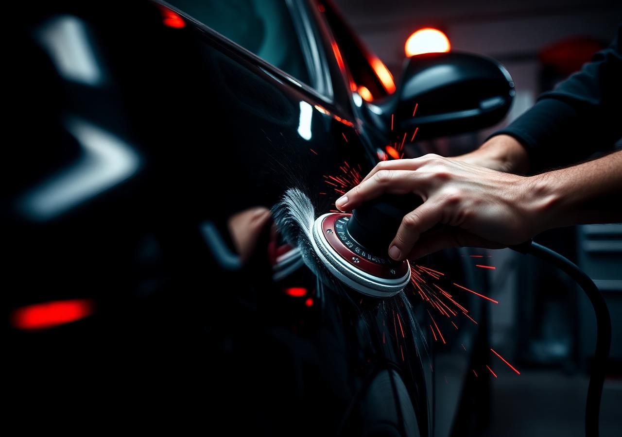 Detailer polijst een zwarte auto in een professionele werkplaats